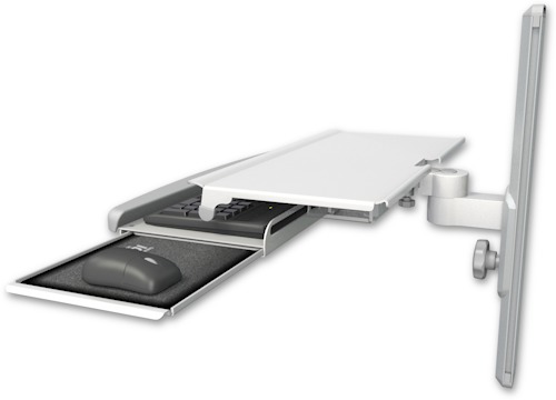 AccessMount™ Work surface tray and slide-out keyboard tray mount on a 19" wall track slider