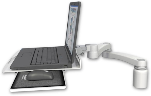 AccessMount™ Laptop tray with slider desk mount, a 3" riser, and a 20" double-arm