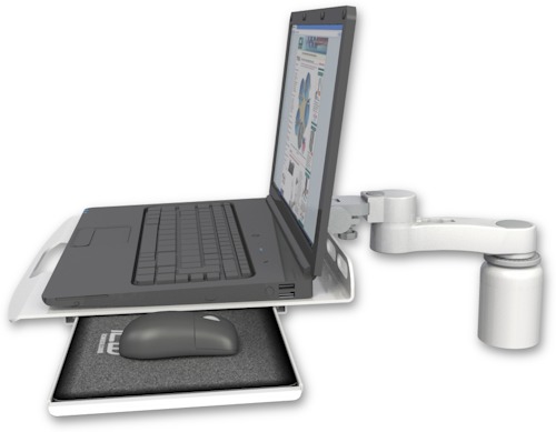 AccessMount™ Laptop tray with slider desk mount, a 3" riser, and an 6" arm