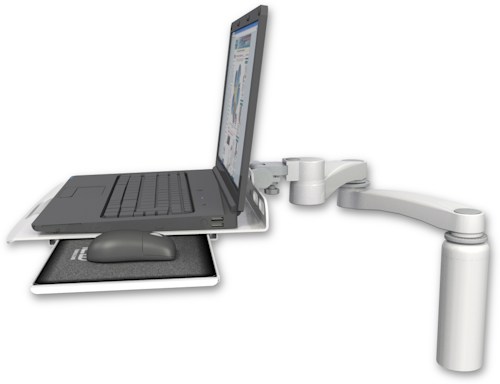 AccessMount™ Laptop tray with slider desk mount, a 7.5" riser, and a 20" double-arm