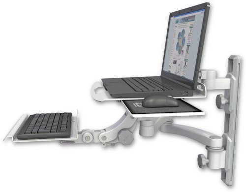AccessMount™ Laptop tray with slider mount on a 19" wall track, separate arms, a 12" paralink keyboard tray, and a 20" double-arm