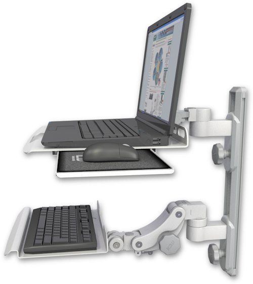 AccessMount™ Laptop tray with slider mount on a 19" wall track, separate arms, and a 12" paralink keyboard tray