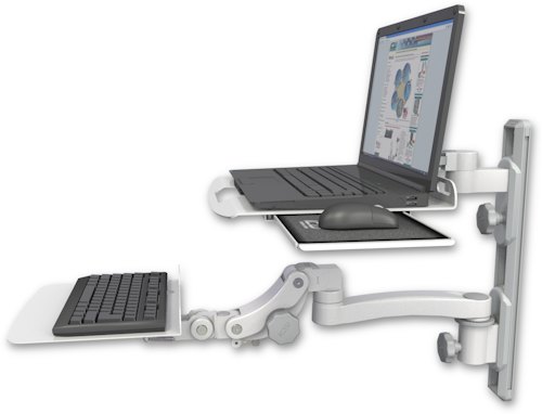AccessMount™ Laptop tray with slider mount on a 19" wall track, separate arms, a 12" flat paralink keyboard tray, and an 11" arm