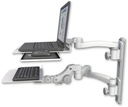 AccessMount™ Laptop tray with slider mount on a 19" wall track, separate arms, a 12" flat paralink keyboard tray, and an 11" arm and 20" double-arm