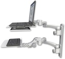 AccessMount™ Laptop tray with slider mount on a 19" wall track, separate arms, a 12" flat paralink keyboard tray, and two 20" double-arms