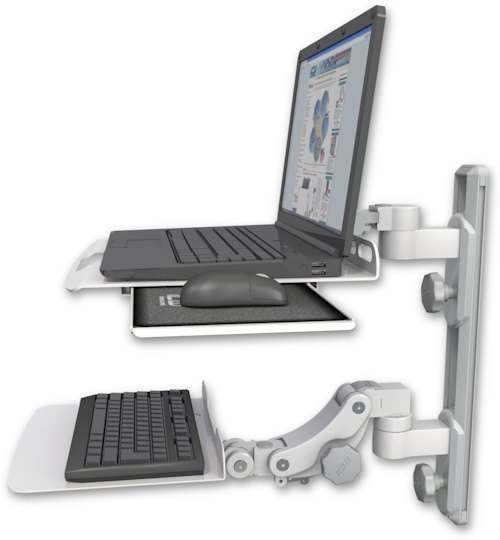 AccessMount™ Laptop tray with slider mount on a 19" wall track, separate arms, and a 12" flat paralink keyboard tray