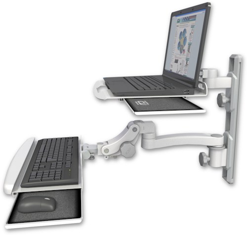 AccessMount™ Laptop tray with slider mount on a 19" wall track, separate arms, a paralink keyboard tray w/ wrist rest bend, and an 11" arm