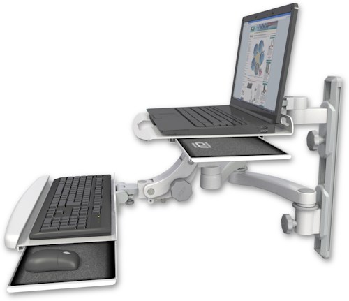 AccessMount™ Laptop tray with slider mount on a 19" wall track, separate arms, a paralink keyboard tray w/ wrist rest bend, and a 20" double-arm