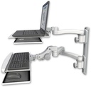 AccessMount™ Laptop tray with slider mount on a 19" wall track, separate arms, a paralink keyboard tray w/ wrist rest bend, and an 11" arm and 20" double-arm