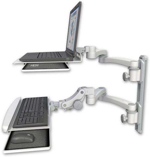 AccessMount™ Laptop tray with slider mount on a 19" wall track, separate arms, a paralink keyboard tray w/ wrist rest bend, and two 20" double-arms