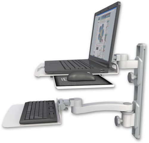 AccessMount™ Laptop tray with slider mount on a 19" wall track, separate arms, a 12" flat keyboard tray, and an 11" arm