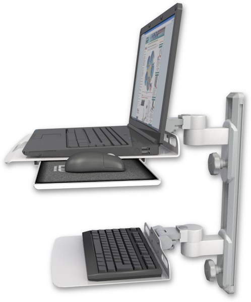 AccessMount™ Laptop tray with slider mount on a 19" wall track, separate arms, and a 12" flat keyboard tray