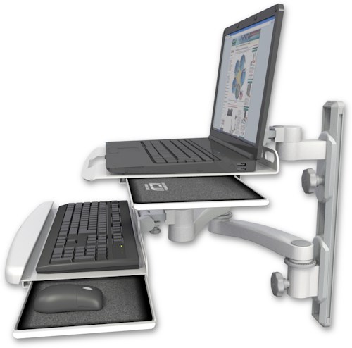 AccessMount™ Laptop tray with slider mount on a 19" wall track, separate arms, a wrist-rest keyboard tray, and a 20" double-arm