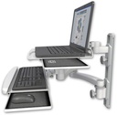 AccessMount™ Laptop tray with slider mount on a 19" wall track, separate arms, a wrist-rest keyboard tray, and a 20" double-arm