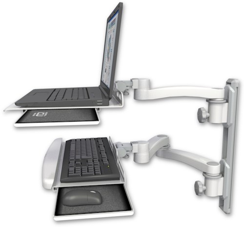 AccessMount™ Laptop tray with slider mount on a 19" wall track, separate arms, a wrist-rest keyboard tray, and an 11" arm and 20" double-arm