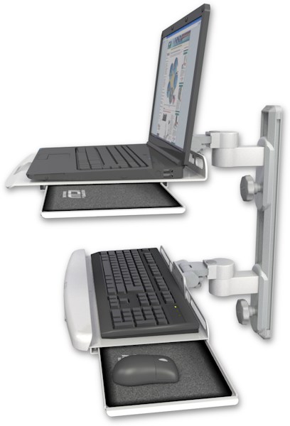 AccessMount™ Laptop tray with slider mount on a 19" wall track, separate arms, and a wrist-rest keyboard tray