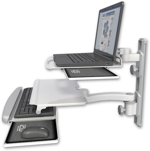 AccessMount™ Laptop tray with slider mount on a 19" wall track, separate arms, a work surface tray and slide-out keyboard tray, and an 11" arm