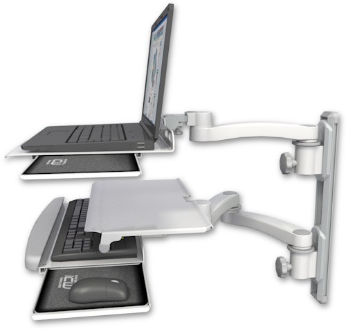 AccessMount™ Laptop tray with slider mount on a 19" wall track, separate arms, a work surface tray and slide-out keyboard tray, and an 11" arm and 20" double-arm