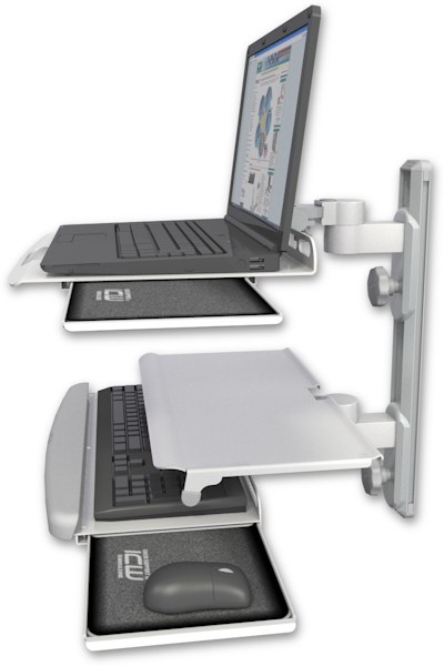 AccessMount™ Laptop tray with slider mount on a 19" wall track, separate arms, and a work surface tray and slide-out keyboard tray