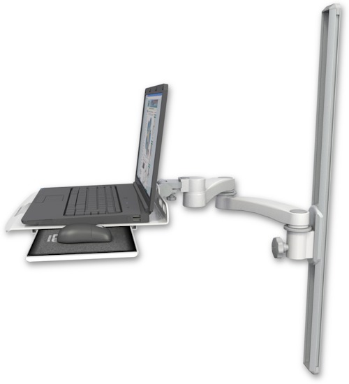 AccessMount™ Laptop tray with slider mount on a 36" wall track slider and a 20" double-arm