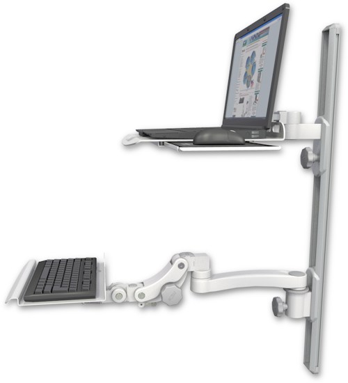 AccessMount™ Laptop tray with slider mount on a 36" wall track, separate arms, a 12" paralink keyboard tray, and an 11" arm