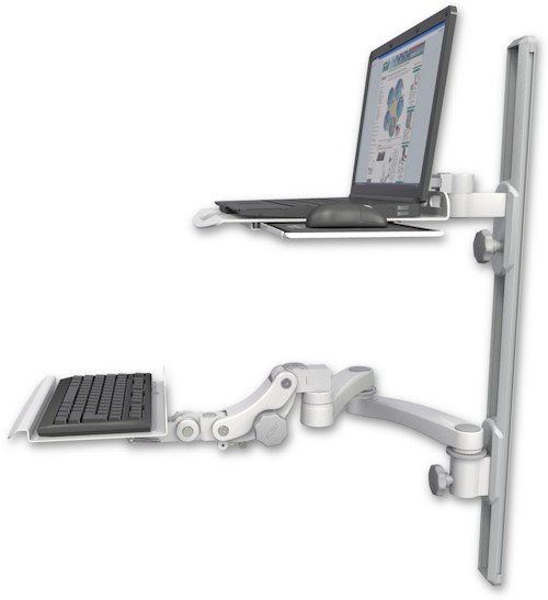 AccessMount™ Laptop tray with slider mount on a 36" wall track, separate arms, a 12" paralink keyboard tray, and a 20" double-arm