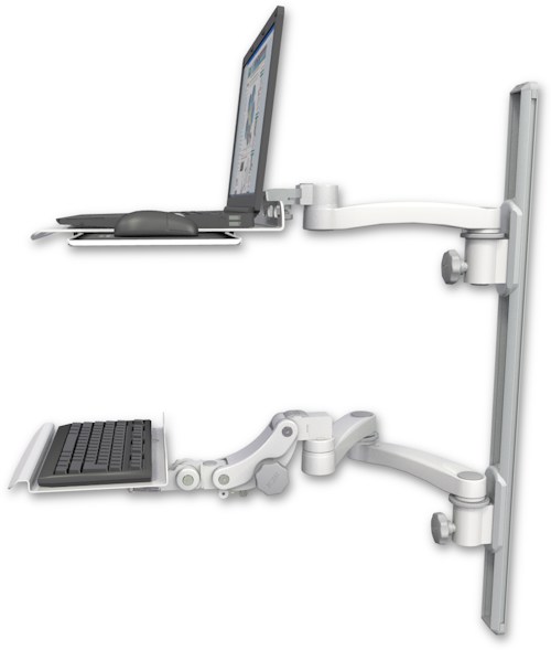AccessMount™ Laptop tray with slider mount on a 36" wall track, separate arms, a 12" paralink keyboard tray, and an 11" arm and 20" double-arm