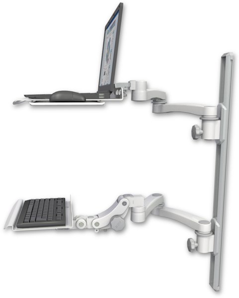 AccessMount™ Laptop tray with slider mount on a 36" wall track, separate arms, a 12" paralink keyboard tray, and two 20" double-arms