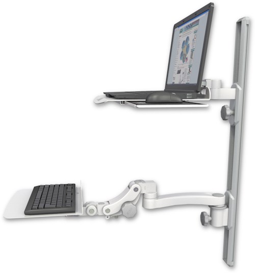 AccessMount™ Laptop tray with slider mount on a 36" wall track, separate arms, a 12" flat paralink keyboard tray, and an 11" arm