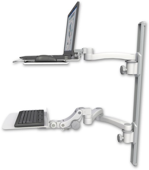 AccessMount™ Laptop tray with slider mount on a 36" wall track, separate arms, a 12" flat paralink keyboard tray, and an 11" arm and 20" double-arm