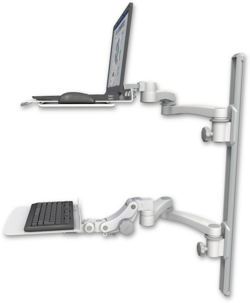 AccessMount™ Laptop tray with slider mount on a 36" wall track, separate arms, a 12" flat paralink keyboard tray, and two 20" double-arms