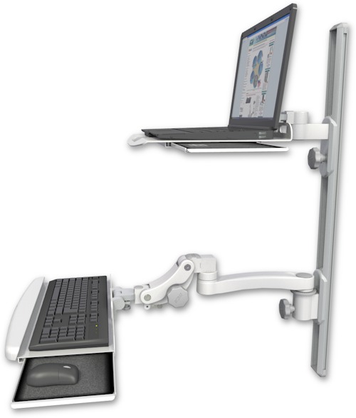 AccessMount™ Laptop tray with slider mount on a 36" wall track, separate arms, a paralink keyboard tray w/ wrist rest bend, and an 11" arm