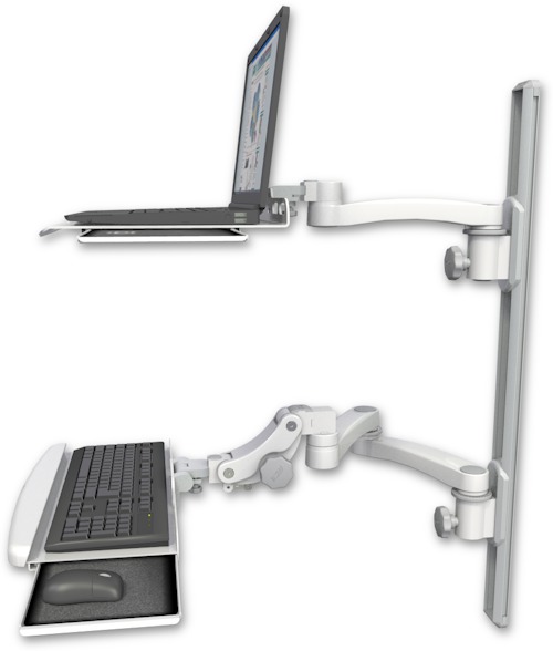 AccessMount™ Laptop tray with slider mount on a 36" wall track, separate arms, a paralink keyboard tray w/ wrist rest bend, and an 11" arm and 20" double-arm