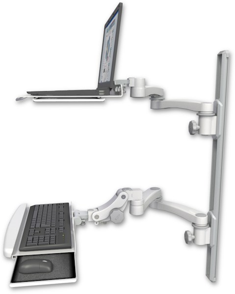 AccessMount™ Laptop tray with slider mount on a 36" wall track, separate arms, a paralink keyboard tray w/ wrist rest bend, and two 20" double-arms