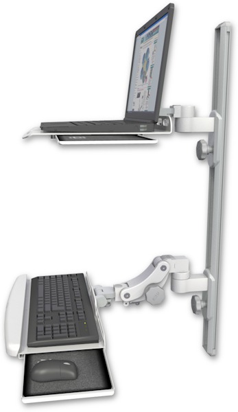 AccessMount™ Laptop tray with slider mount on a 36" wall track, separate arms, and a paralink keyboard tray w/ wrist rest bend