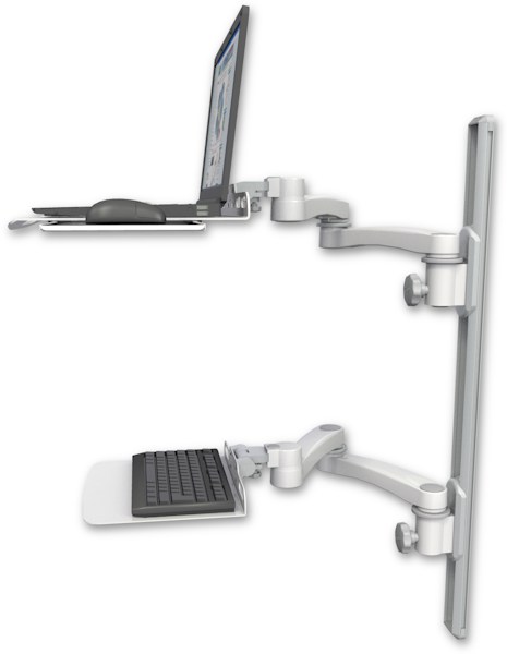 AccessMount™ Laptop tray with slider mount on a 36" wall track, separate arms, a 12" flat keyboard tray, and two 20" double-arms