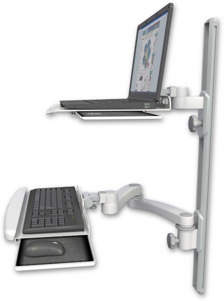 AccessMount™ Laptop tray with slider mount on a 36" wall track, separate arms, a wrist-rest keyboard tray, and a 20" double-arm