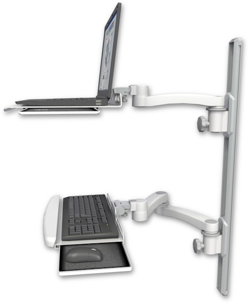 AccessMount™ Laptop tray with slider mount on a 36" wall track, separate arms, a wrist-rest keyboard tray, and an 11" arm and 20" double-arm