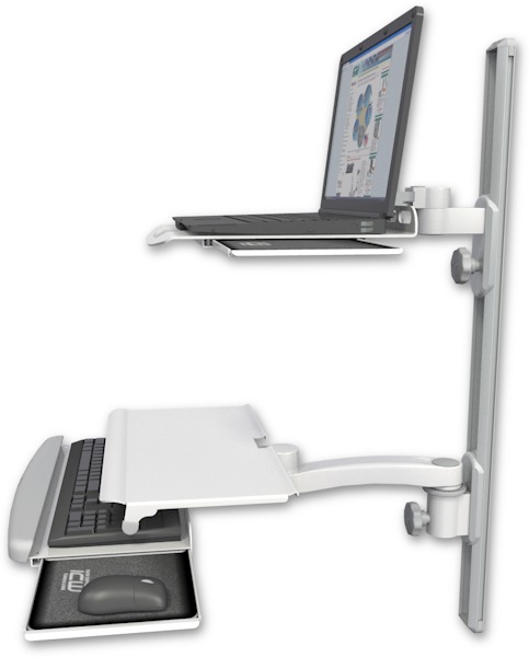 AccessMount™ Laptop tray with slider mount on a 36" wall track, separate arms, a work surface tray and slide-out keyboard tray, and an 11" arm