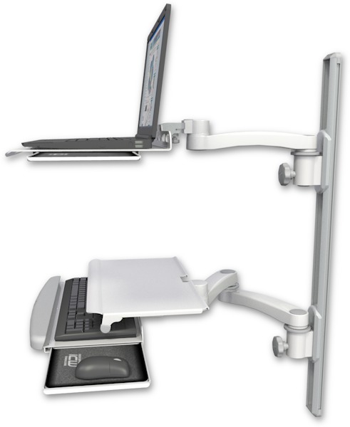 AccessMount™ Laptop tray with slider mount on a 36" wall track, separate arms, a work surface tray and slide-out keyboard tray, and an 11" arm and 20" double-arm