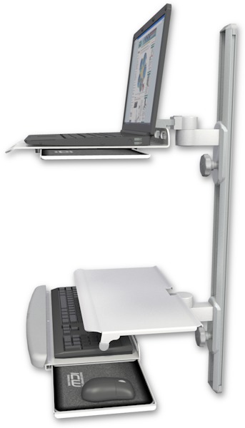 AccessMount™ Laptop tray with slider mount on a 36" wall track, separate arms, and a work surface tray and slide-out keyboard tray