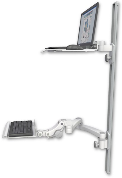 AccessMount™ Laptop tray with slider mount on a 50" wall track, separate arms, a 12" paralink keyboard tray, and a 20" double-arm