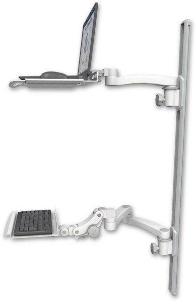 AccessMount™ Laptop tray with slider mount on a 50" wall track, separate arms, a 12" paralink keyboard tray, and an 11" arm and 20" double-arm