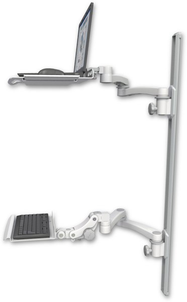 AccessMount™ Laptop tray with slider mount on a 50" wall track, separate arms, a 12" paralink keyboard tray, and two 20" double-arms
