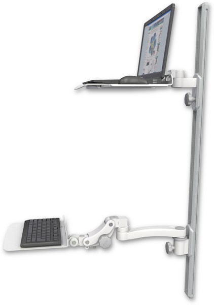 AccessMount™ Laptop tray with slider mount on a 50" wall track, separate arms, a 12" flat paralink keyboard tray, and an 11" arm