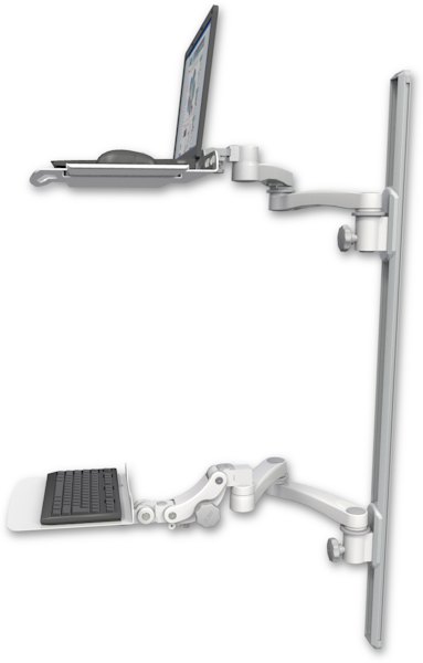 AccessMount™ Laptop tray with slider mount on a 50" wall track, separate arms, a 12" flat paralink keyboard tray, and two 20" double-arms