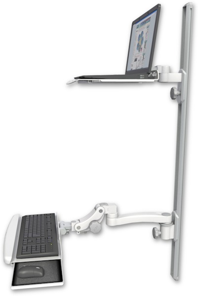 AccessMount™ Laptop tray with slider mount on a 50" wall track, separate arms, a paralink keyboard tray w/ wrist rest bend, and an 11" arm