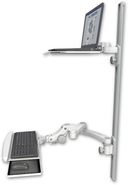 AccessMount™ Laptop tray with slider mount on a 50" wall track, separate arms, a paralink keyboard tray w/ wrist rest bend, and a 20" double-arm