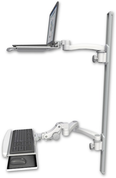AccessMount™ Laptop tray with slider mount on a 50" wall track, separate arms, a paralink keyboard tray w/ wrist rest bend, and an 11" arm and 20" double-arm