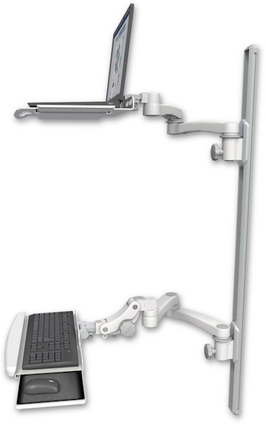 AccessMount™ Laptop tray with slider mount on a 50" wall track, separate arms, a paralink keyboard tray w/ wrist rest bend, and two 20" double-arms